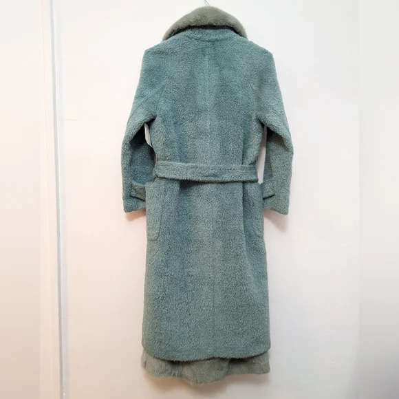 Turquoise Green Longline Robe Teddy Coat With Faux Fur Trim Size S Mermaidcore - Picture 6 of 16